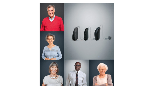 Collage of hearing aids and people